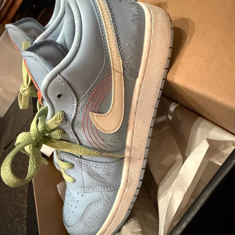 Nike Air Jordan woman's ' Light Blue Low-Top Sneakers with Lime Laces